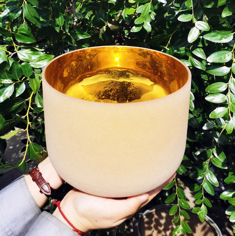 L91 - 7/6 Inch Gold Chakra Tuned Frosted Quartz Crystal Singing Bowl CDEFGAB Any One Note for Sound Healing Meditation Mind Focus