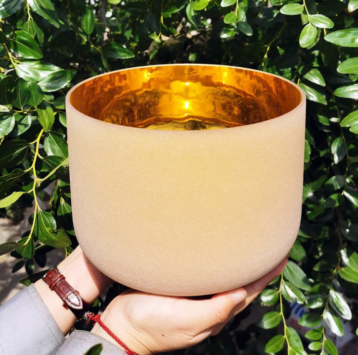 L91 - 7/6 Inch Gold Chakra Tuned Frosted Quartz Crystal Singing Bowl CDEFGAB Any One Note for Sound Healing Meditation Mind Focus