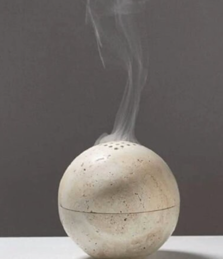 L100 - 9 Holes 10.5CM Natural Marble Cave Hole Stone Round Incense Burner Yellow Travertine Ball