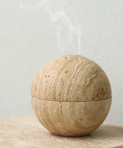 L100 - 9 Holes 10.5CM Natural Marble Cave Hole Stone Round Incense Burner Yellow Travertine Ball