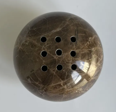 L100 - 9 Holes 10.5CM Natural Marble Cave Hole Stone Round Incense Burner Yellow Travertine Ball