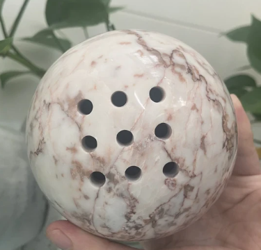 L100 - 9 Holes 10.5CM Natural Marble Cave Hole Stone Round Incense Burner Yellow Travertine Ball