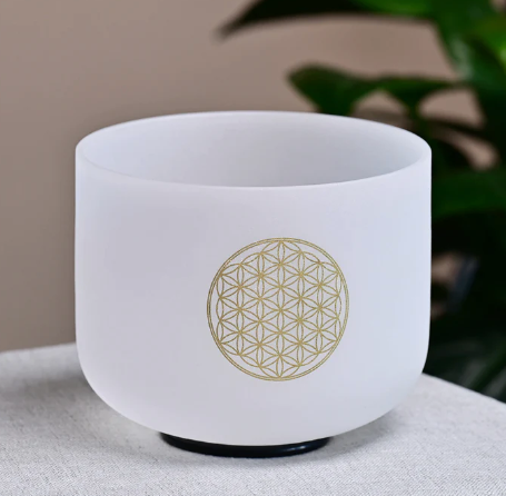 L142 -12inch FLOWER OF LIFE - C Note - Root Chakra, Crystal Quartz Singing Bowl, with mallet, O ring and Case.