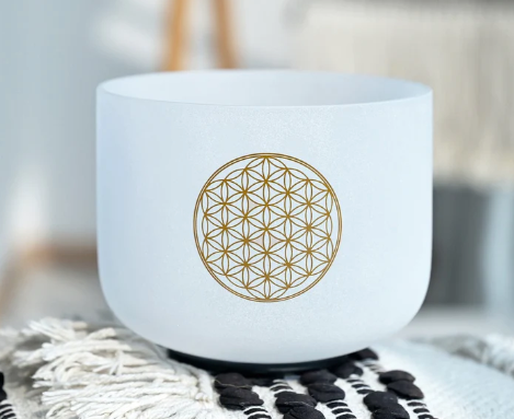 L142 -12inch FLOWER OF LIFE - C Note - Root Chakra, Crystal Quartz Singing Bowl, with mallet, O ring and Case.