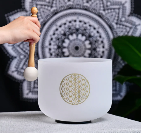 L142 -12inch FLOWER OF LIFE - C Note - Root Chakra, Crystal Quartz Singing Bowl, with mallet, O ring and Case.